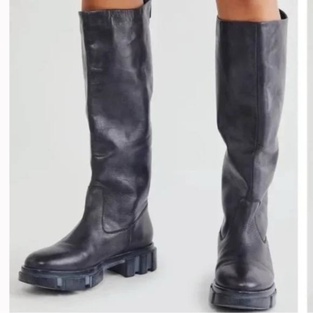 Free People Black Tall Leather Chunky Sole Boots